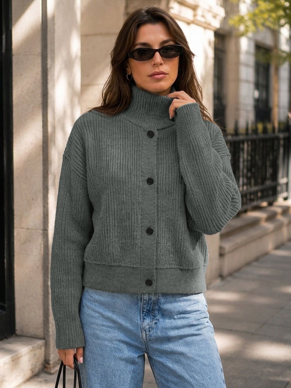 Women's Button Neck Jumper in Grey, view 3