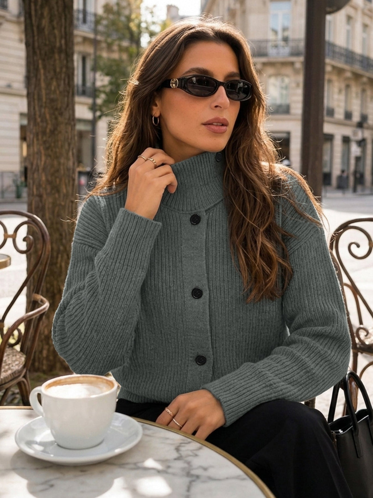 Women's Button Neck Jumper in Grey, view 5
