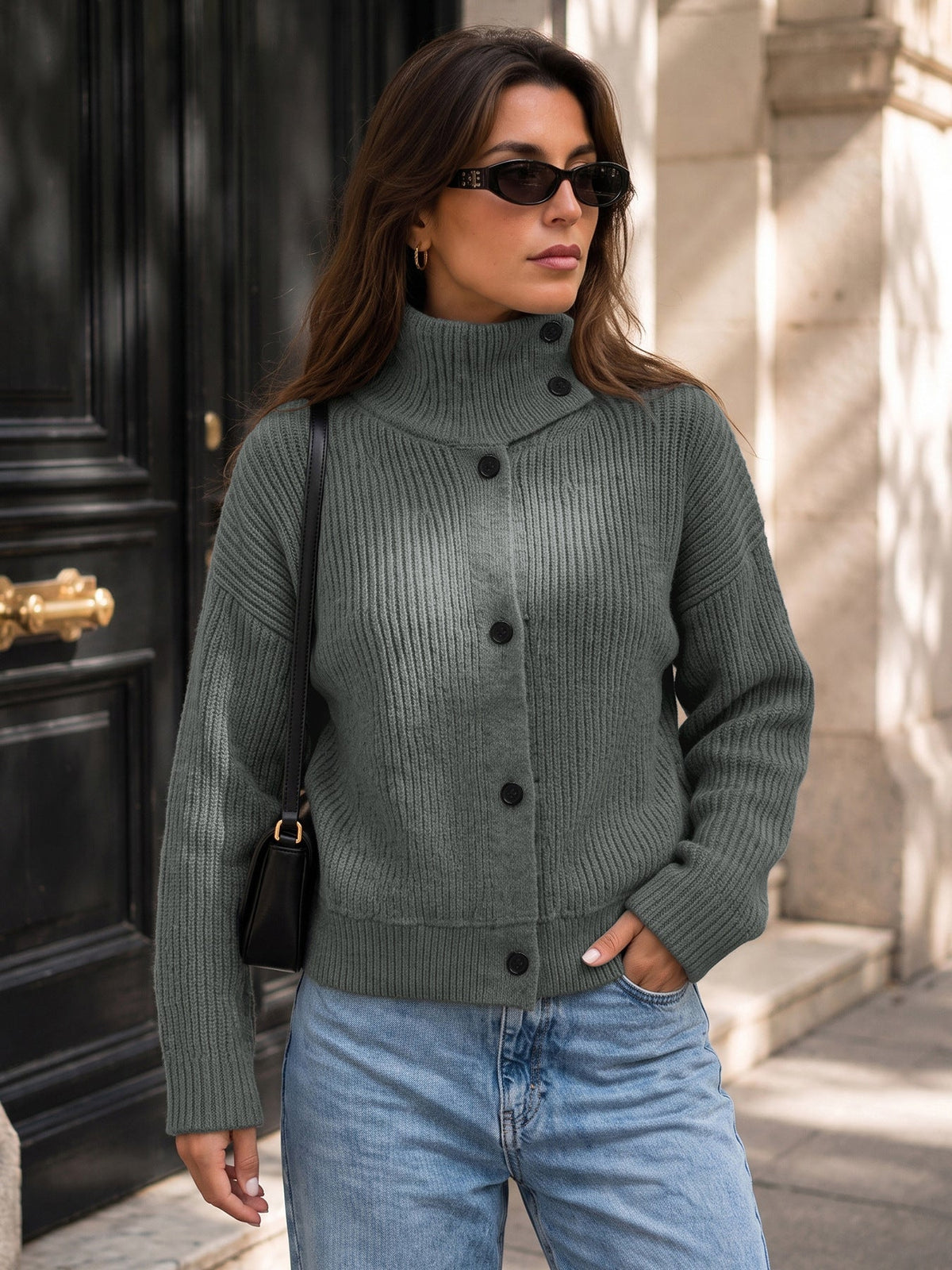 Women's Button Neck Jumper in Grey, view 6