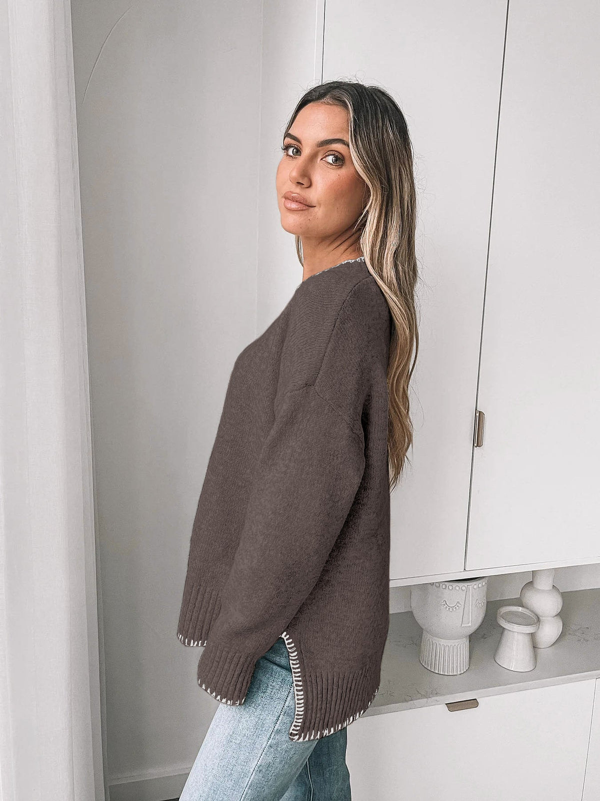 Women's Crew Neck Jumper in Brown, view 4