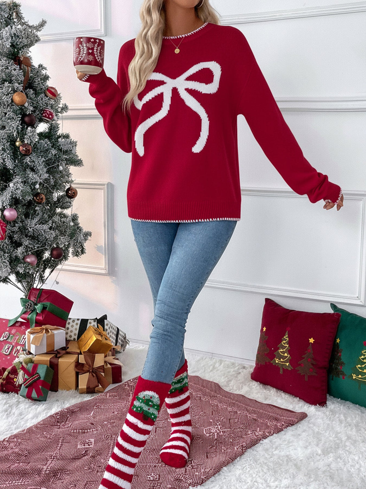 Women's Big Bow Jumper in Red, view 4