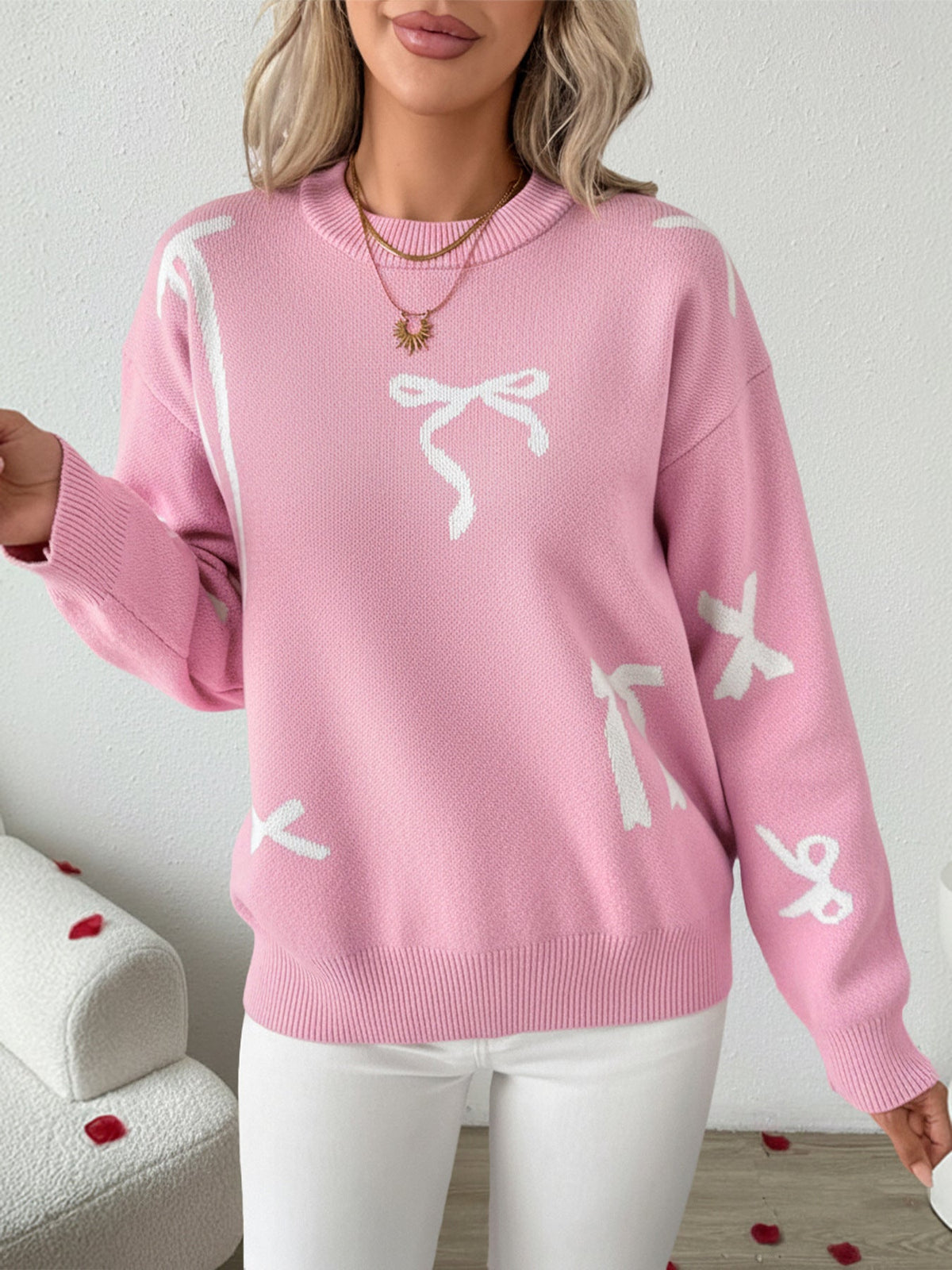 Women's Bow Print Jumper in Pink, view 4