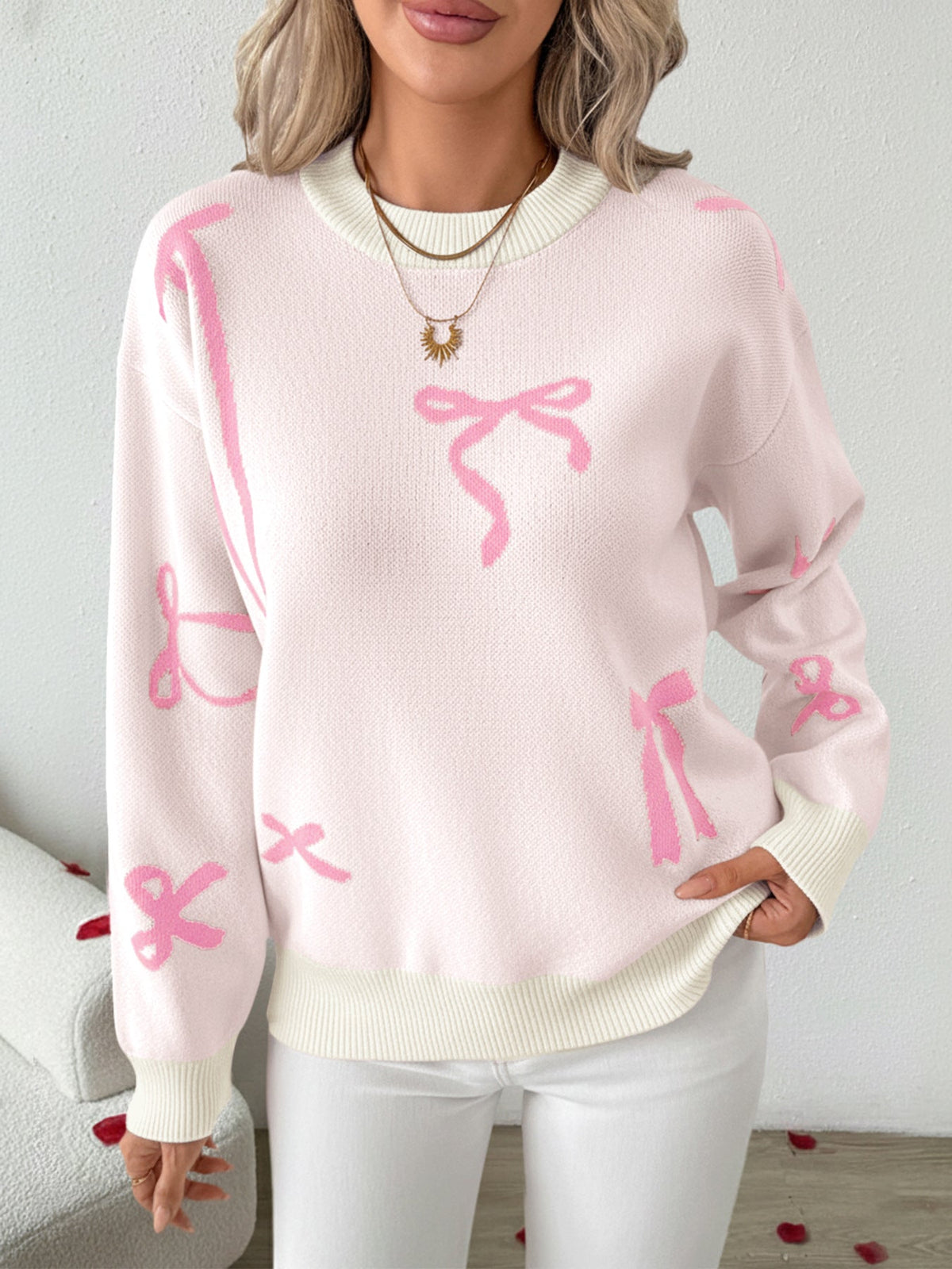 Women's Bow Print Jumper in Cream