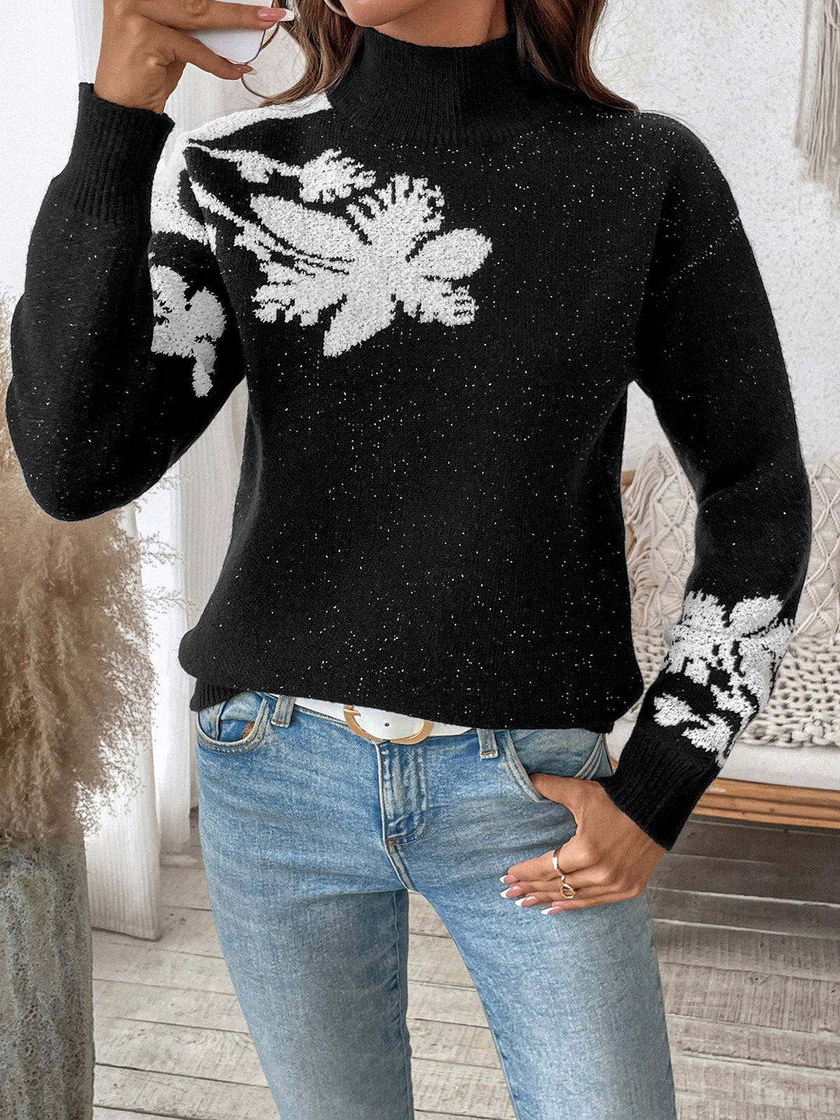 Women's Floral Mock Neck Jumper in Black, view 4