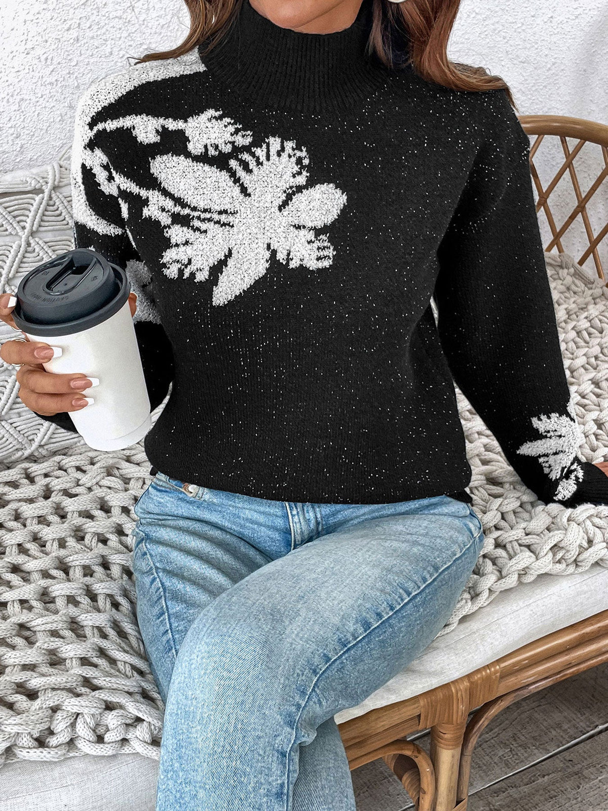 Women's Floral Mock Neck Jumper in Black, view 5