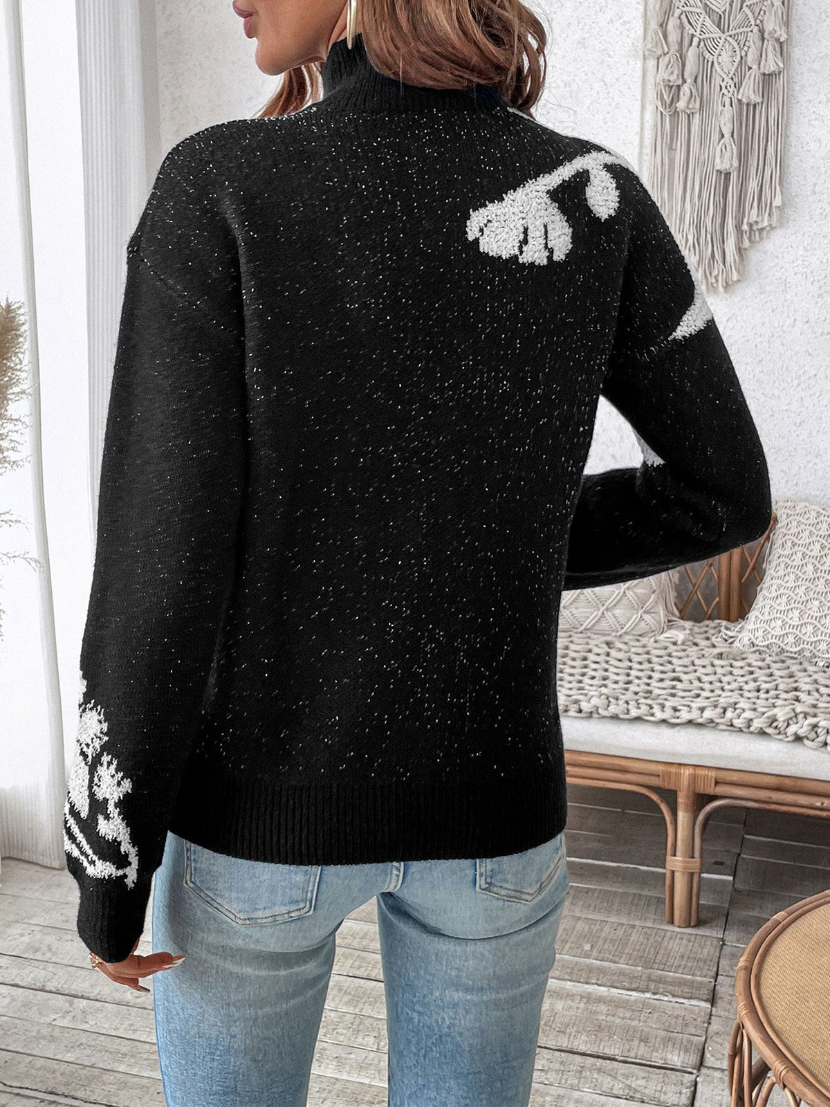 Women's Floral Mock Neck Jumper in Black, view 6