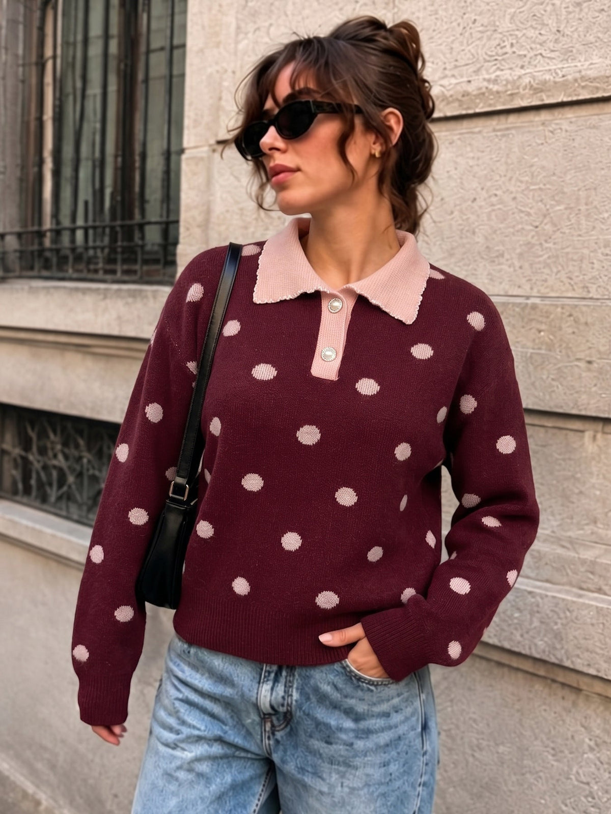Women's Polka Dot Jumper in Burgundy, view 2