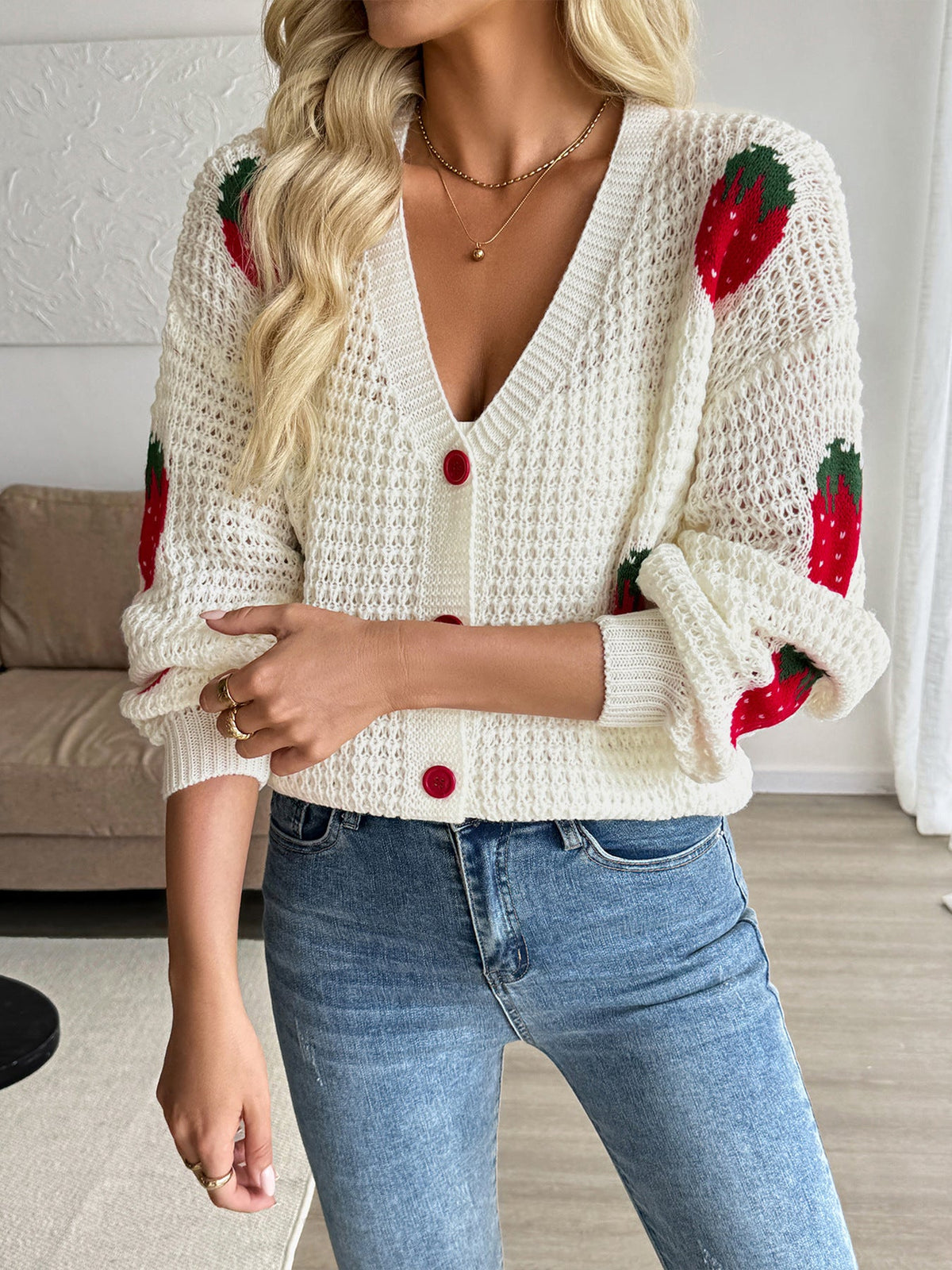 Women's Strawberry Cardigan in Cream, view 3