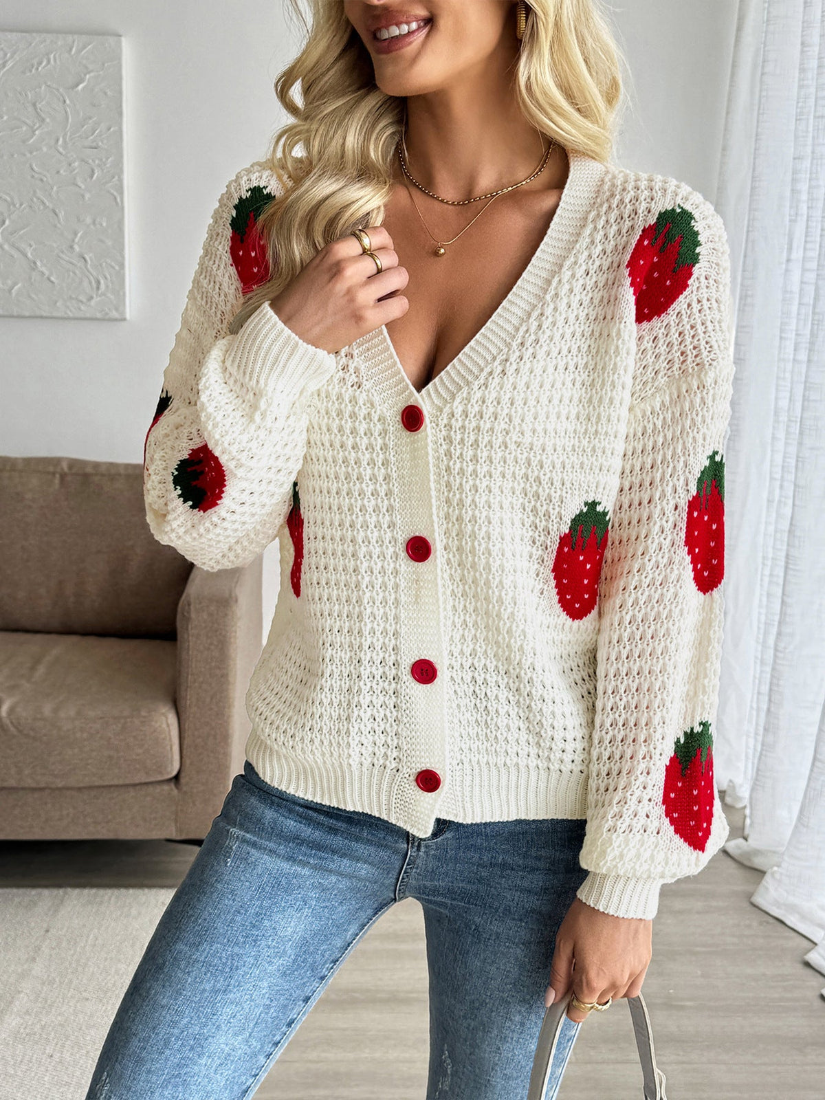 Women's Strawberry Cardigan in Cream, view 4