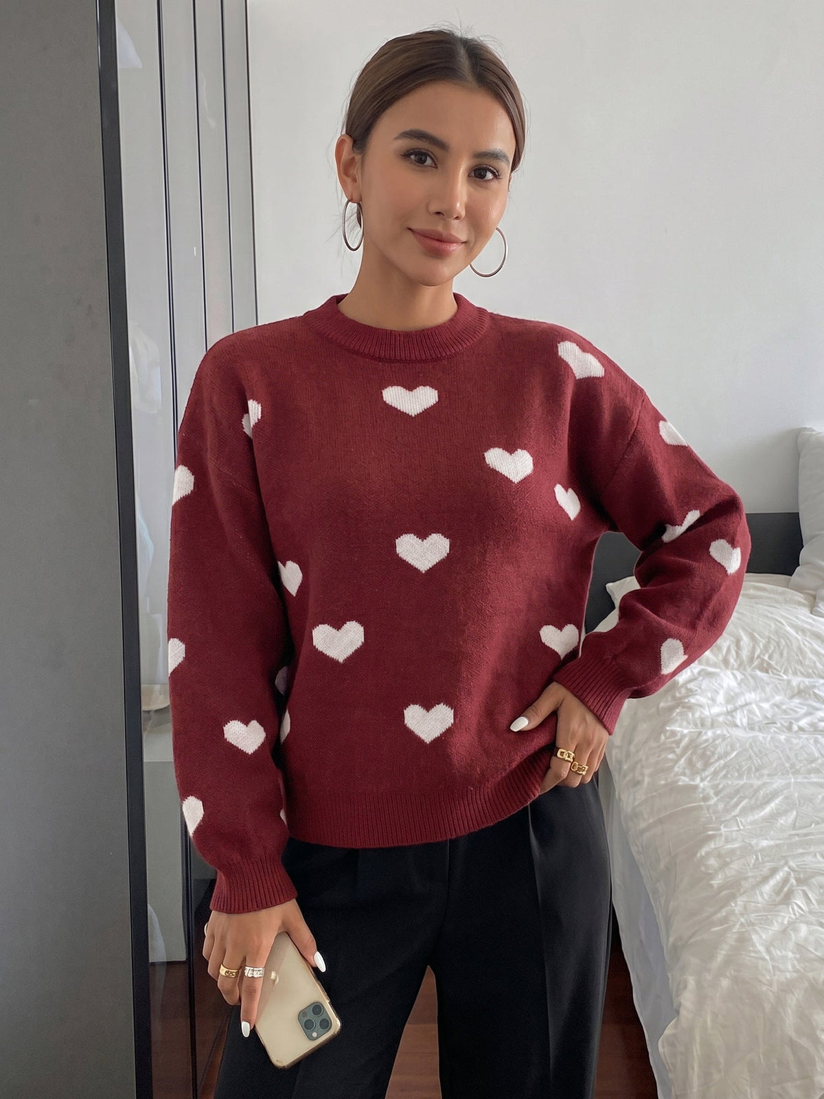 Women's Hearts Jumper in Burgundy, view 2