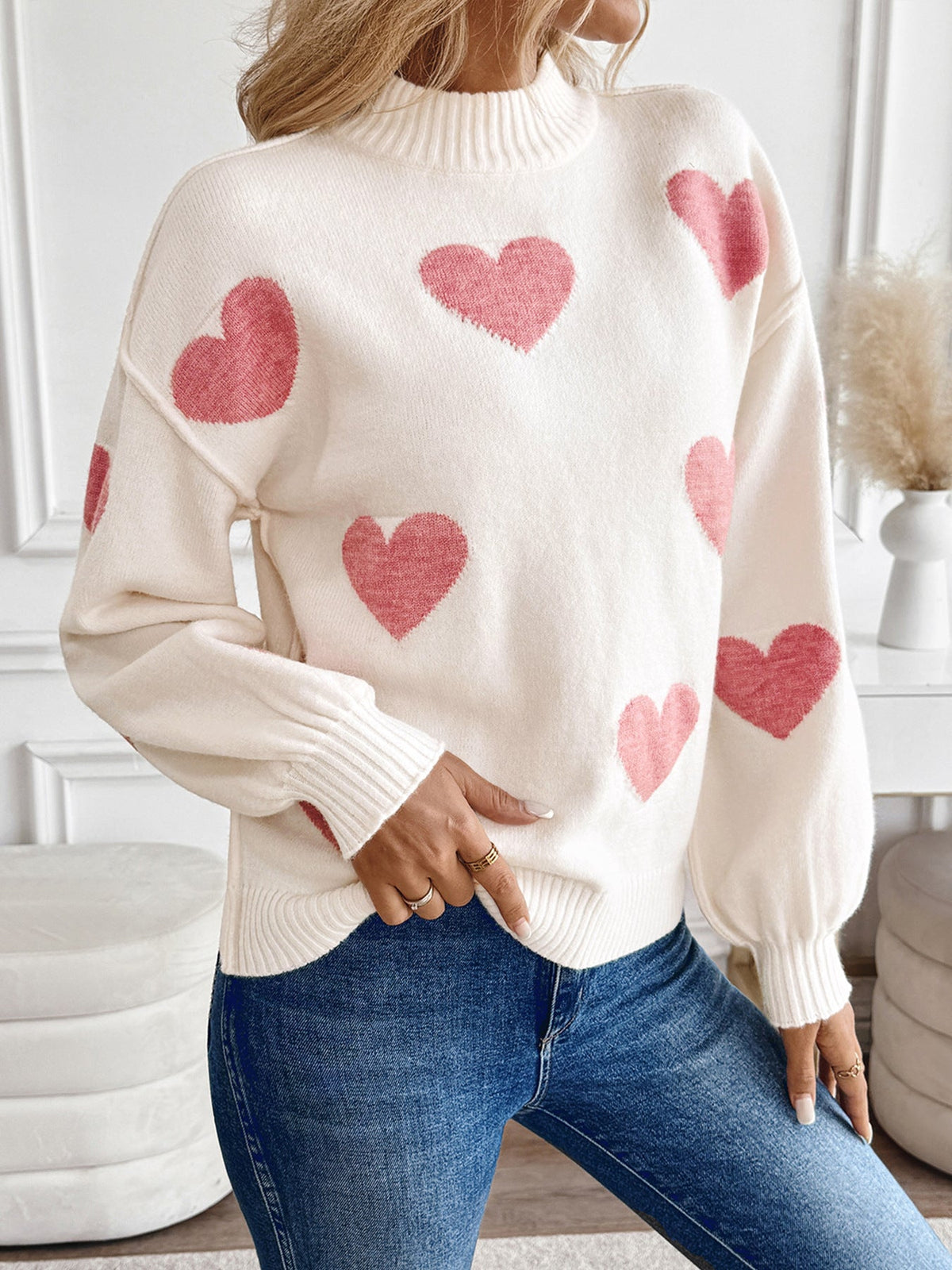 Women's Heart Print Jumper in Cream, view 3