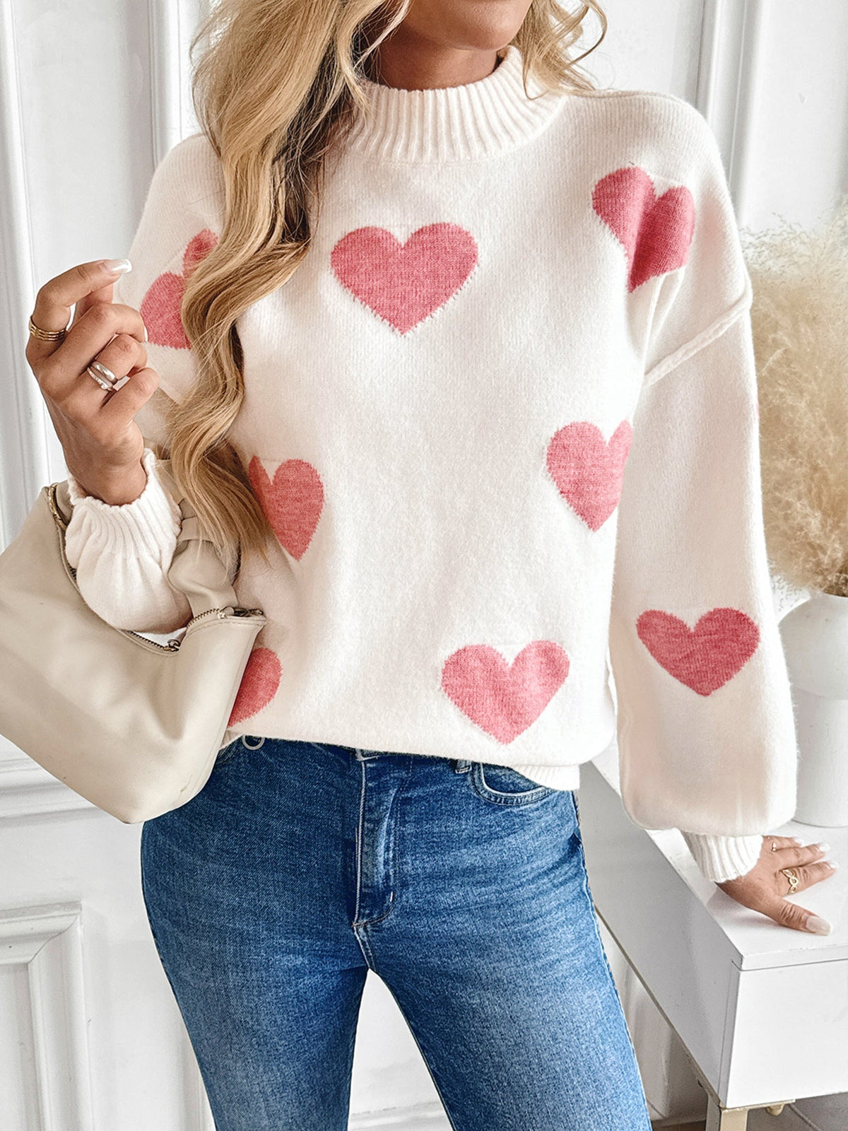 Women's Heart Print Jumper in Cream, view 4