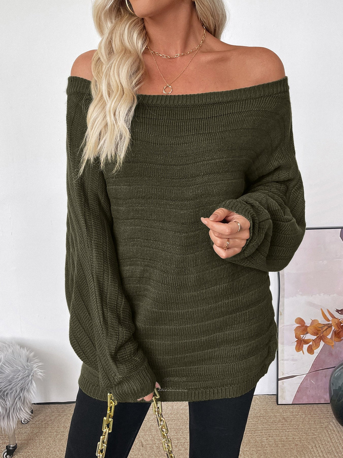 Women's Off Shoulder Jumper in Army Green, view 4