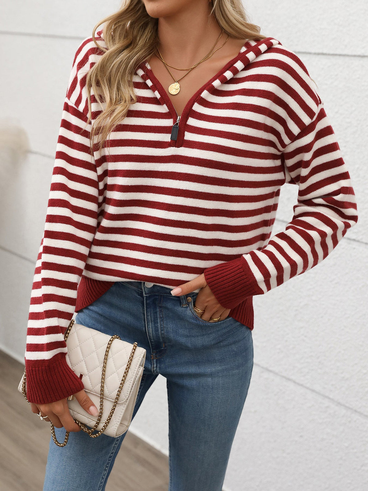 Women's Knit Hoodie in Red, view 2