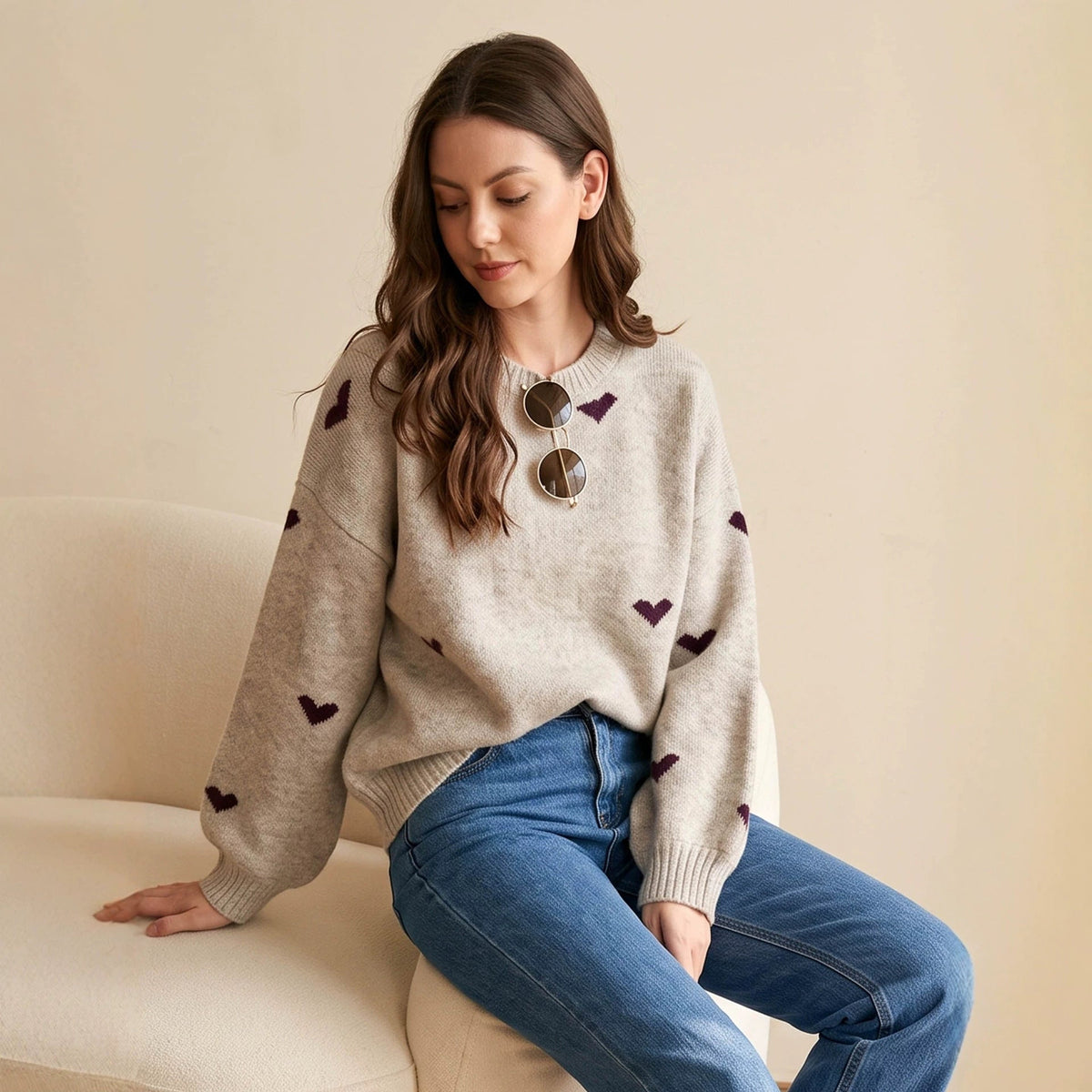 Women's Scattered Heart Jumper in Oatmeal