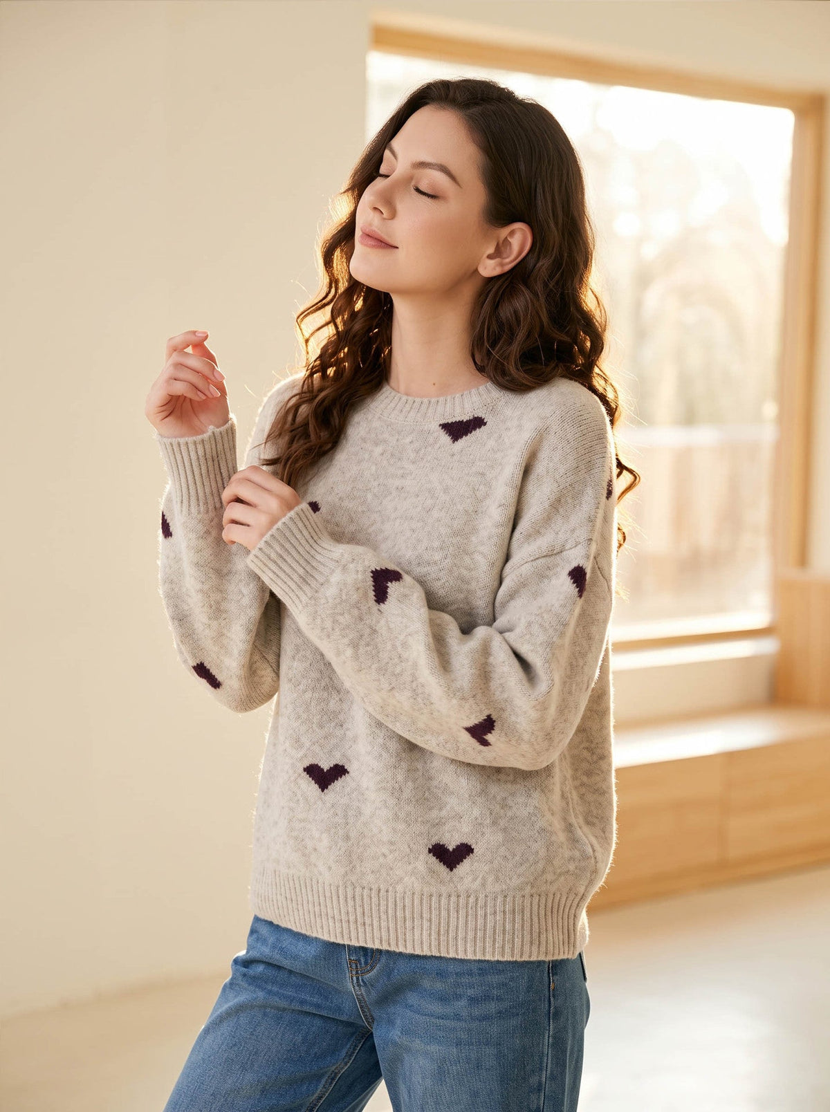Women's Scattered Heart Jumper in Oatmeal, view 3