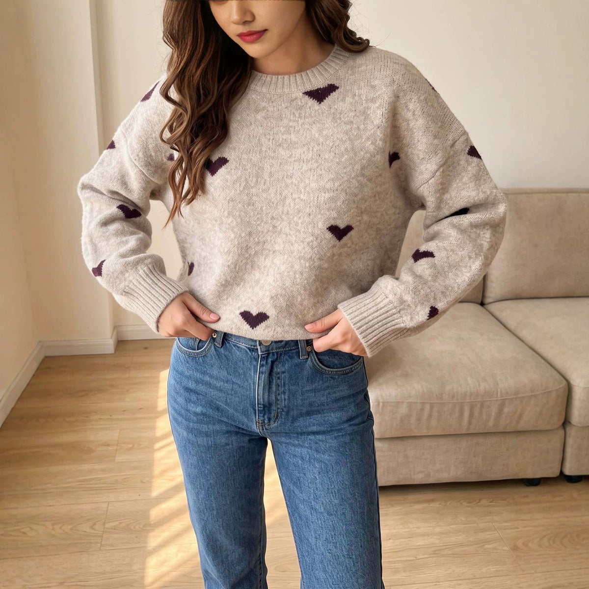 Women's Scattered Heart Jumper in Oatmeal, view 6