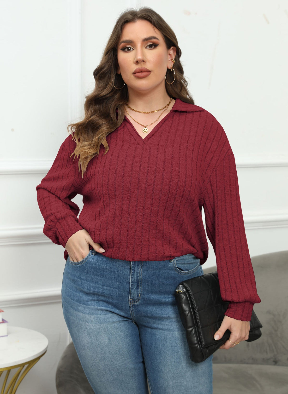 Women's Collared Jumper in Burgundy