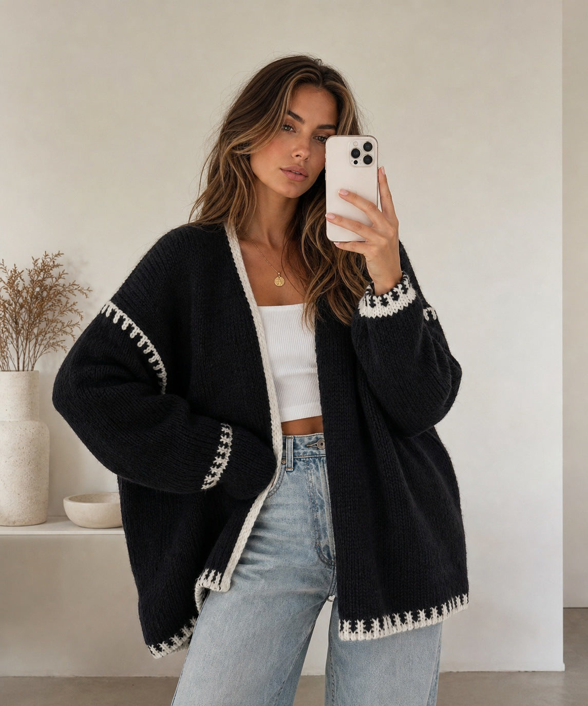 Women's Contrast Stitch Cardigan in Black, view 2