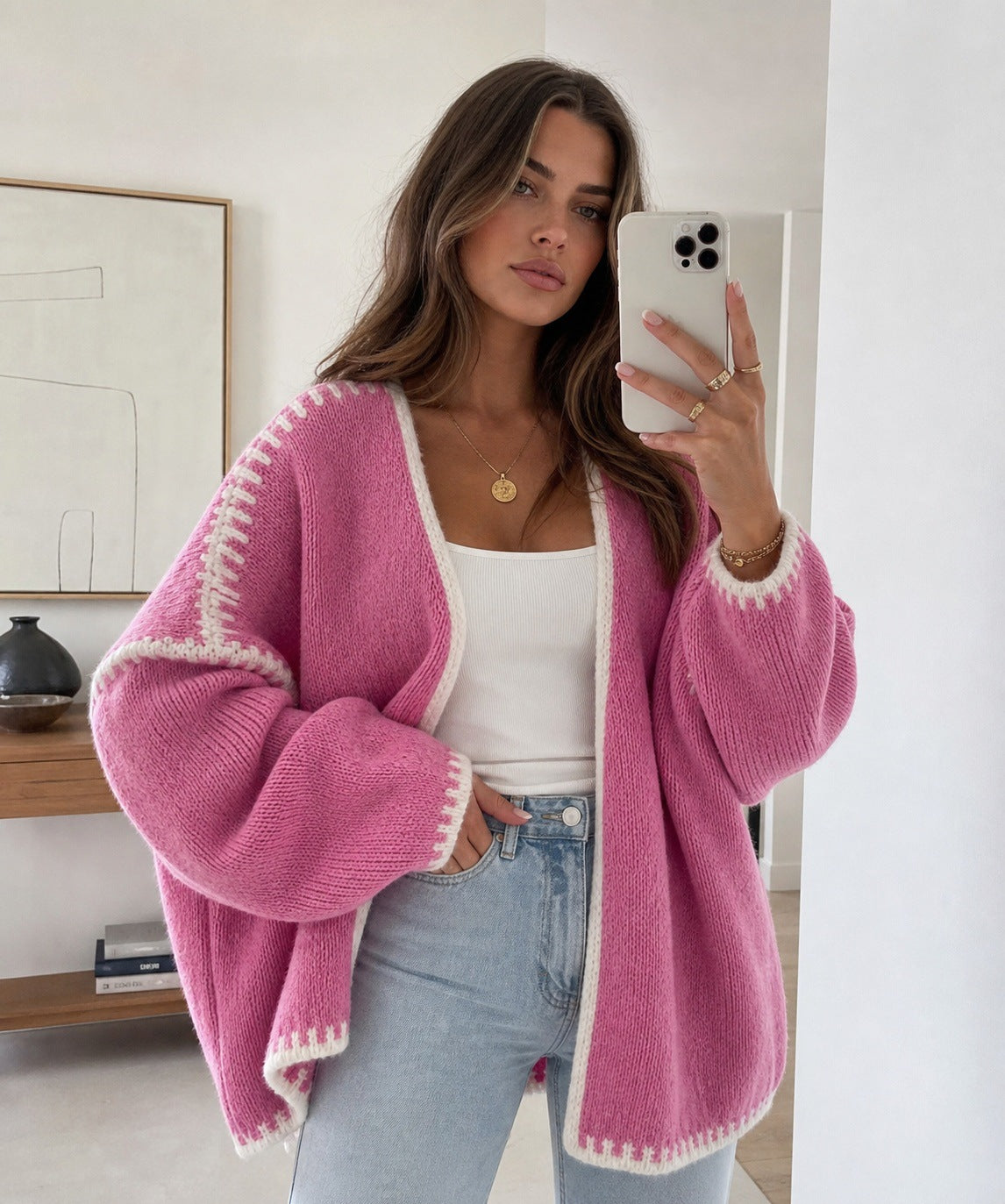 Women's Contrast Stitch Cardigan in Pink, view 3