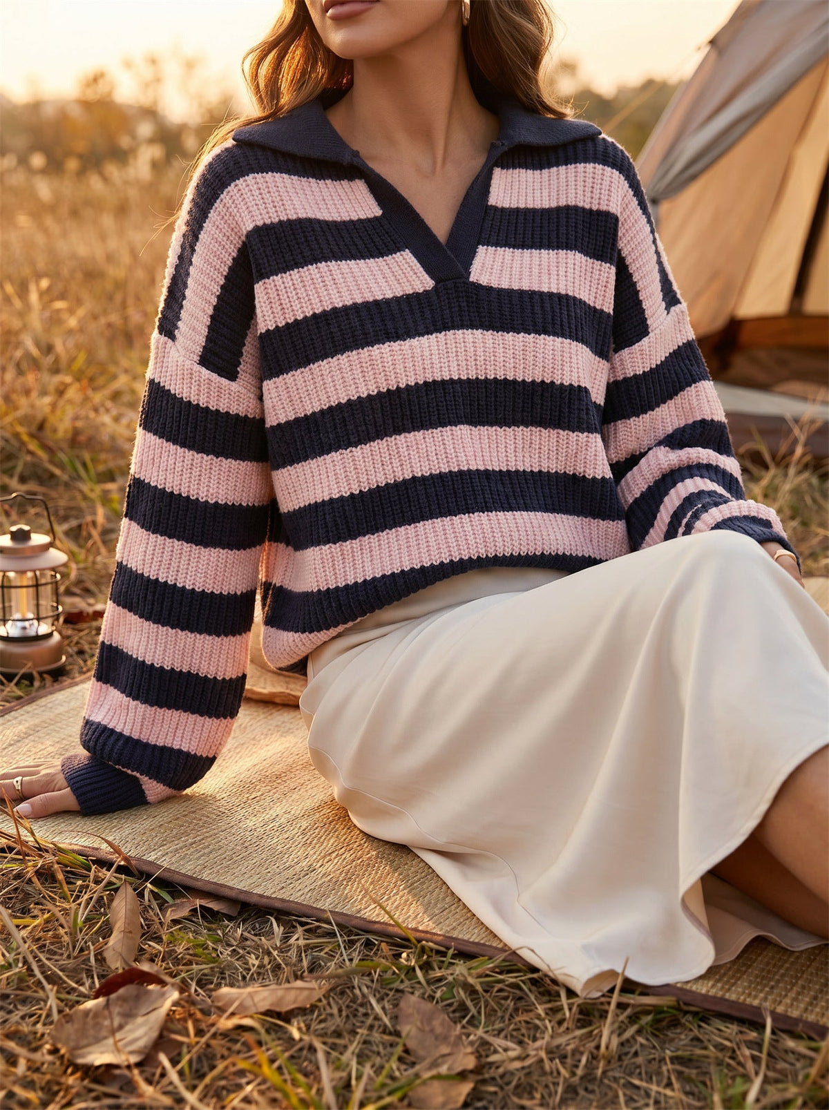 Women's Striped Polo Jumper in Pink, view 3