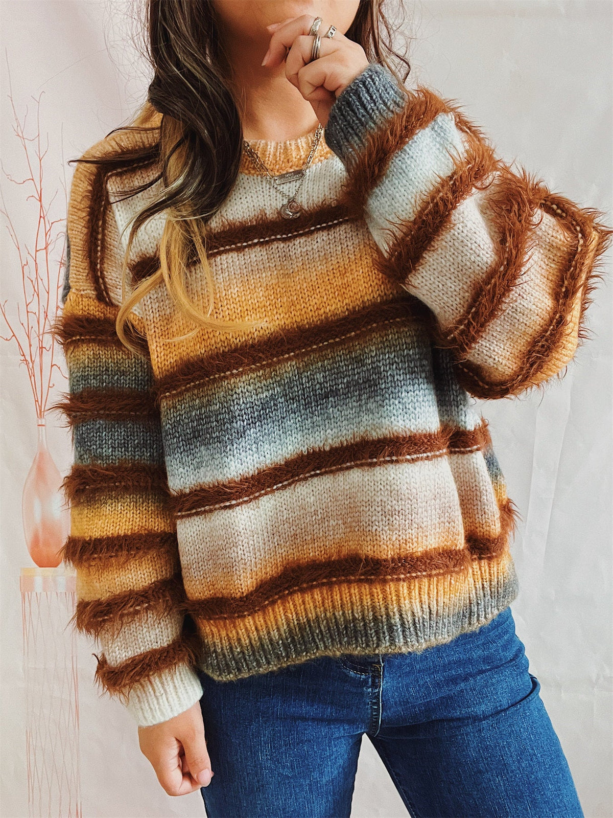 Women's Rainbow Stripe Jumper in Yellow, view 2