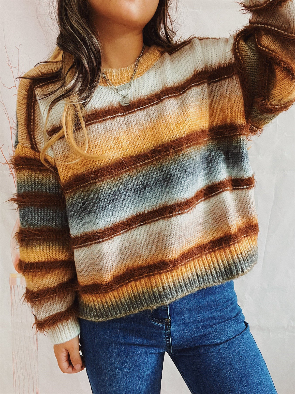 Women's Rainbow Stripe Jumper in Yellow, view 3