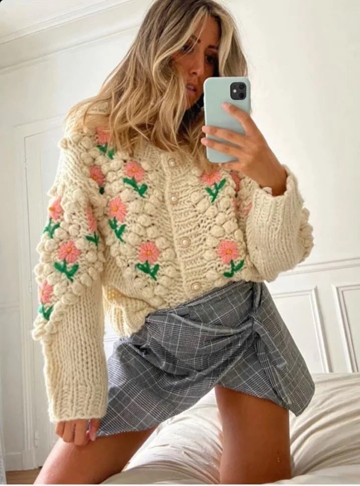 Women's Flower Pompom Cardigan in Cream, view 3