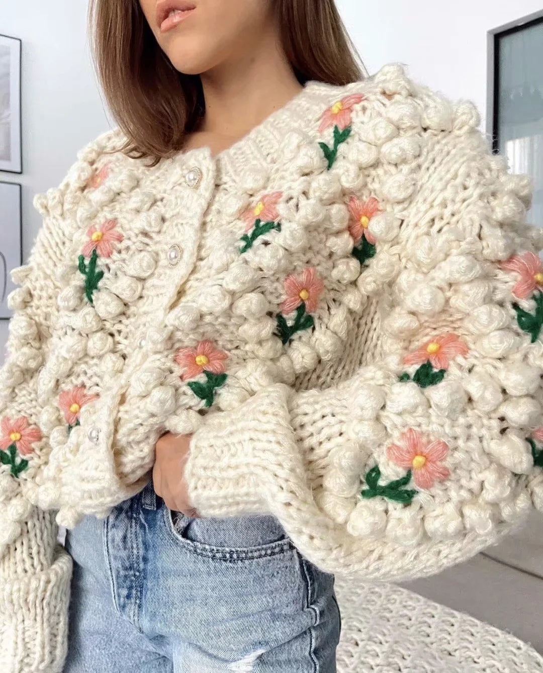 Women's Flower Pompom Cardigan in Cream, view 4