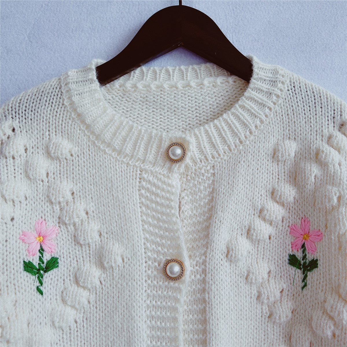 Women's Flower Pompom Cardigan in Cream, view 8