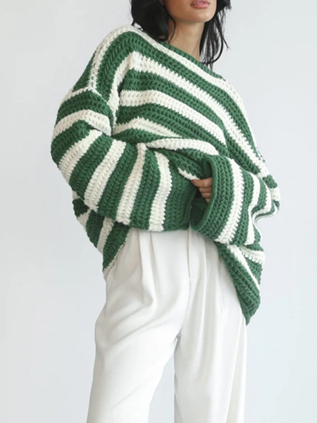Women's Striped Wide Neck Jumper in Green, view 4