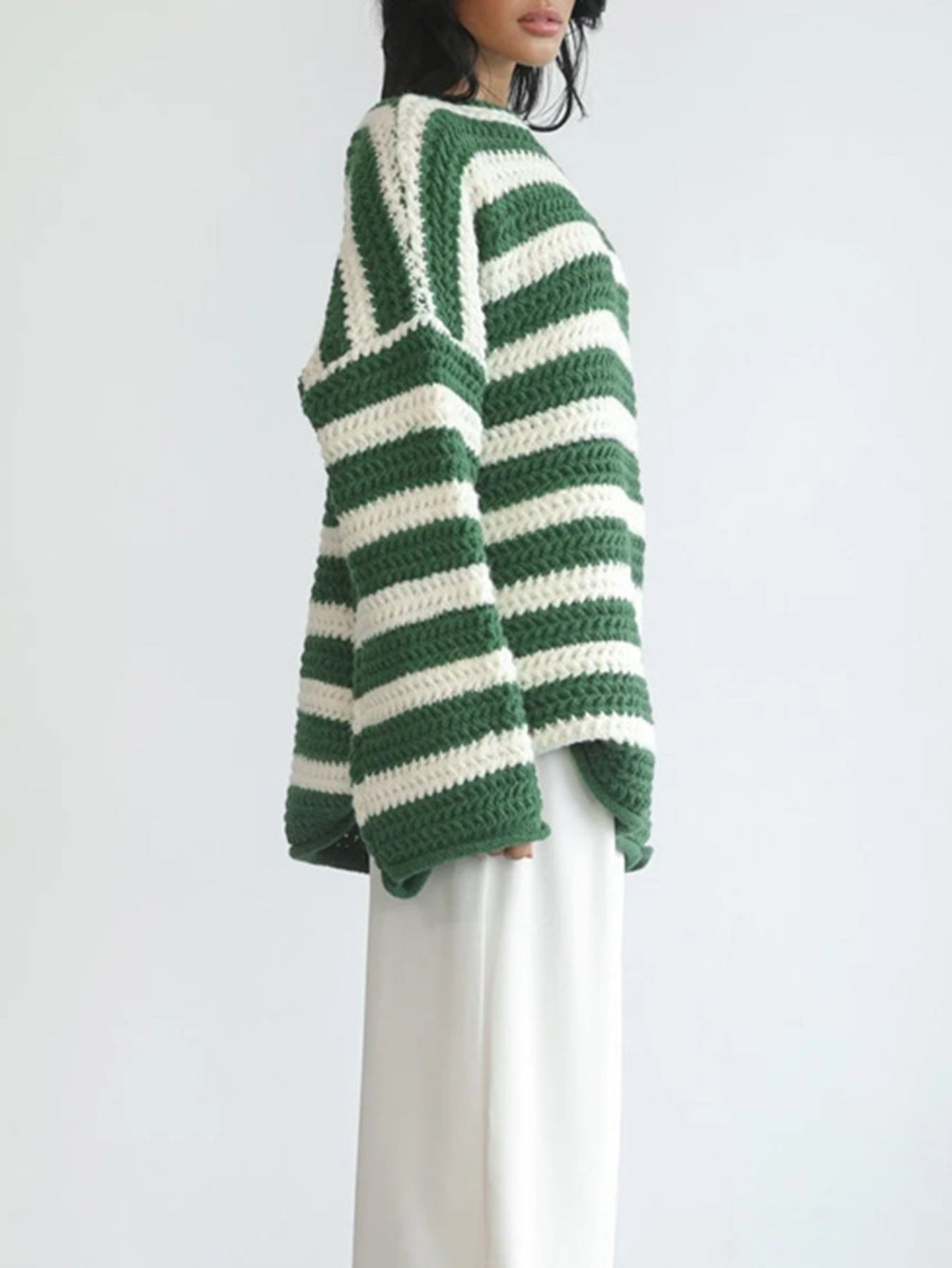 Women's Striped Wide Neck Jumper in Green, view 5