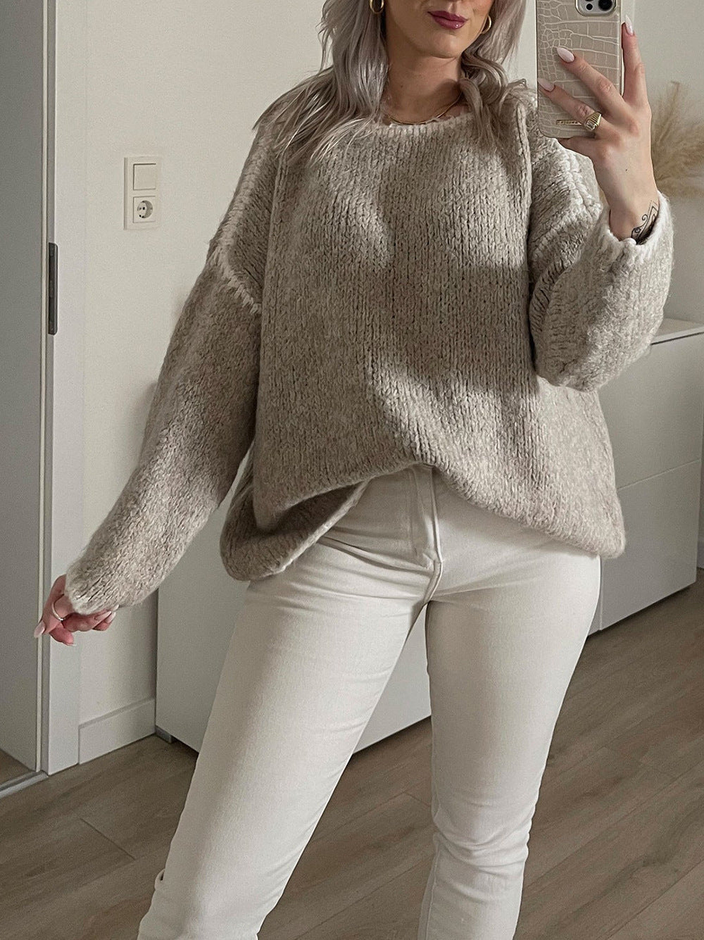 Women's Contrast Overlock Jumper in Camel, view 4