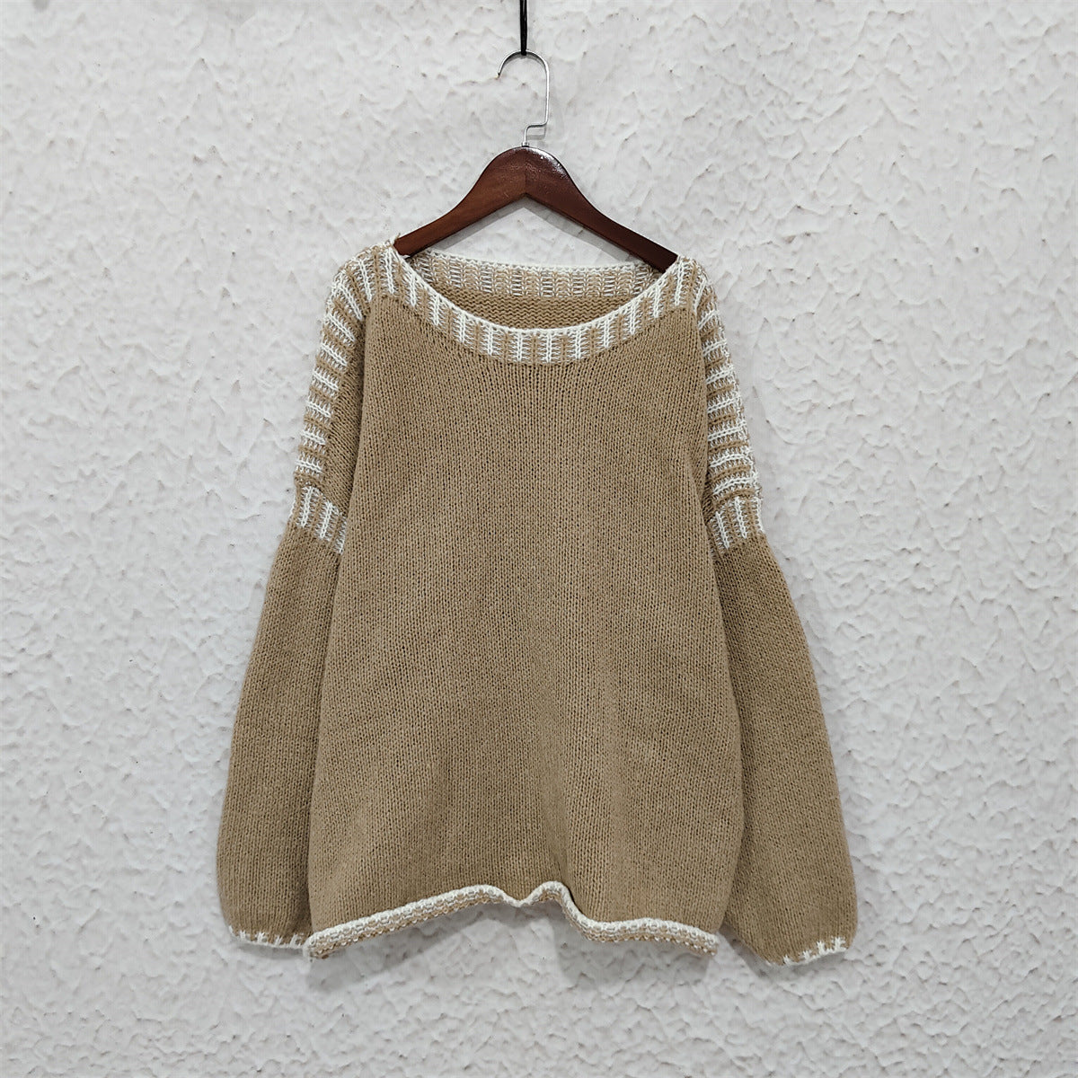 Women's Contrast Overlock Jumper in Camel, view 5