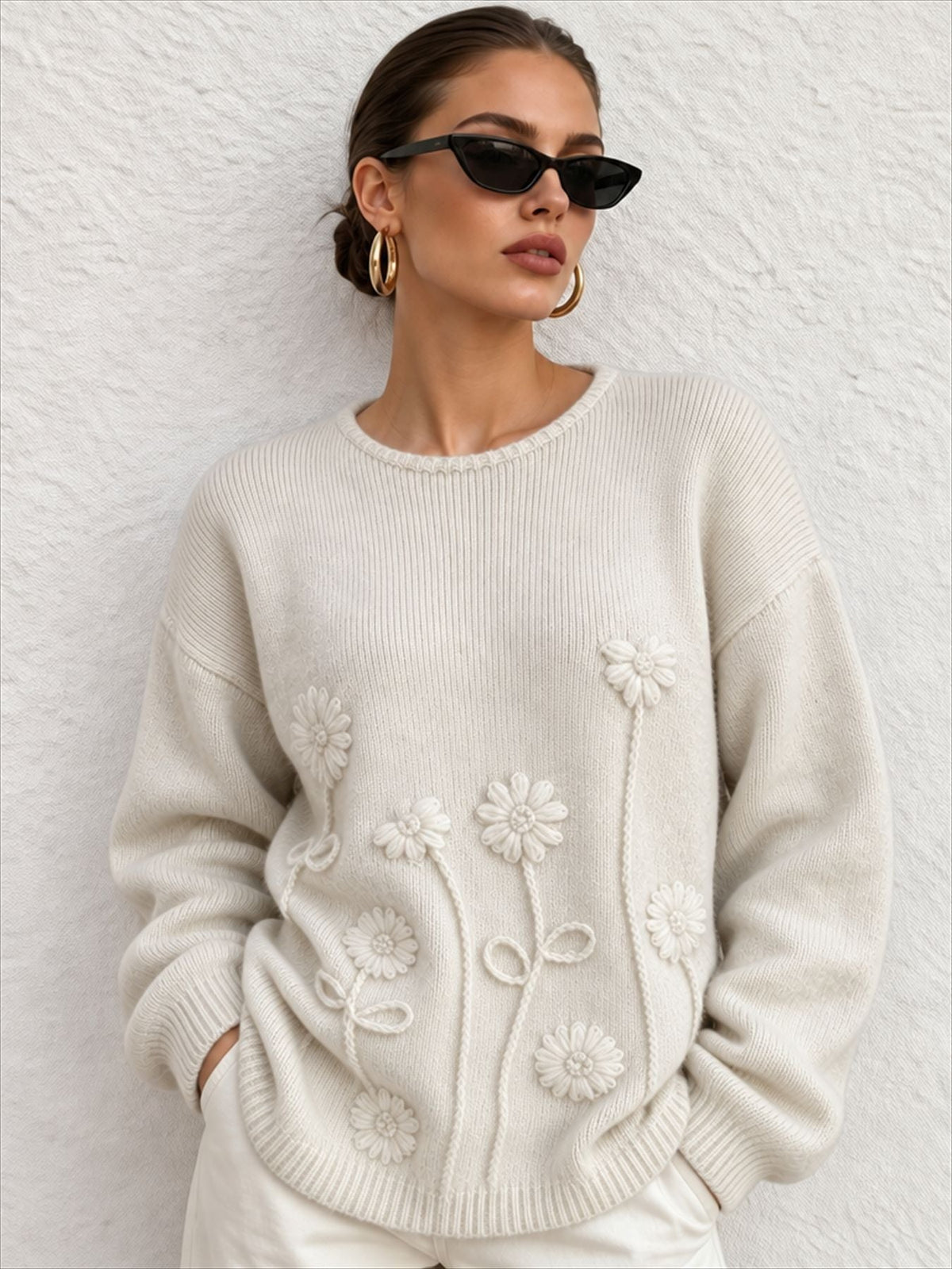 Women's Textured Flower Jumper in White
