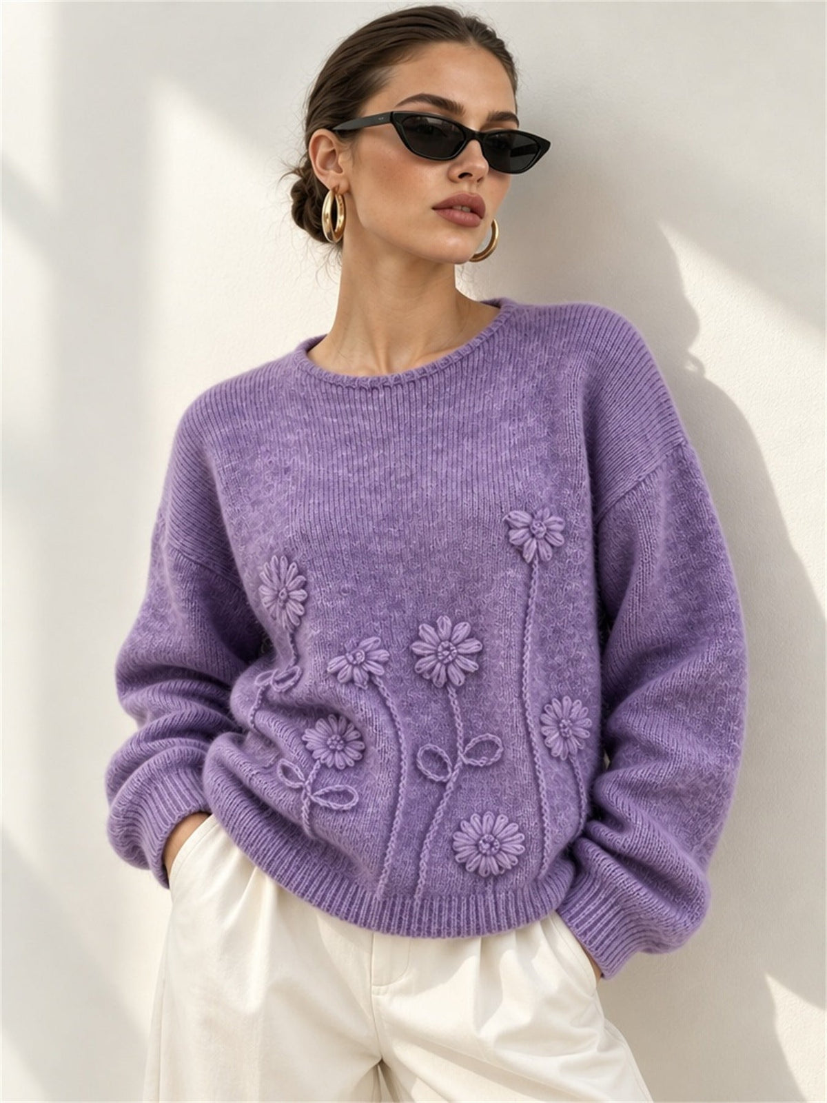 Women's Textured Flower Jumper in Purple