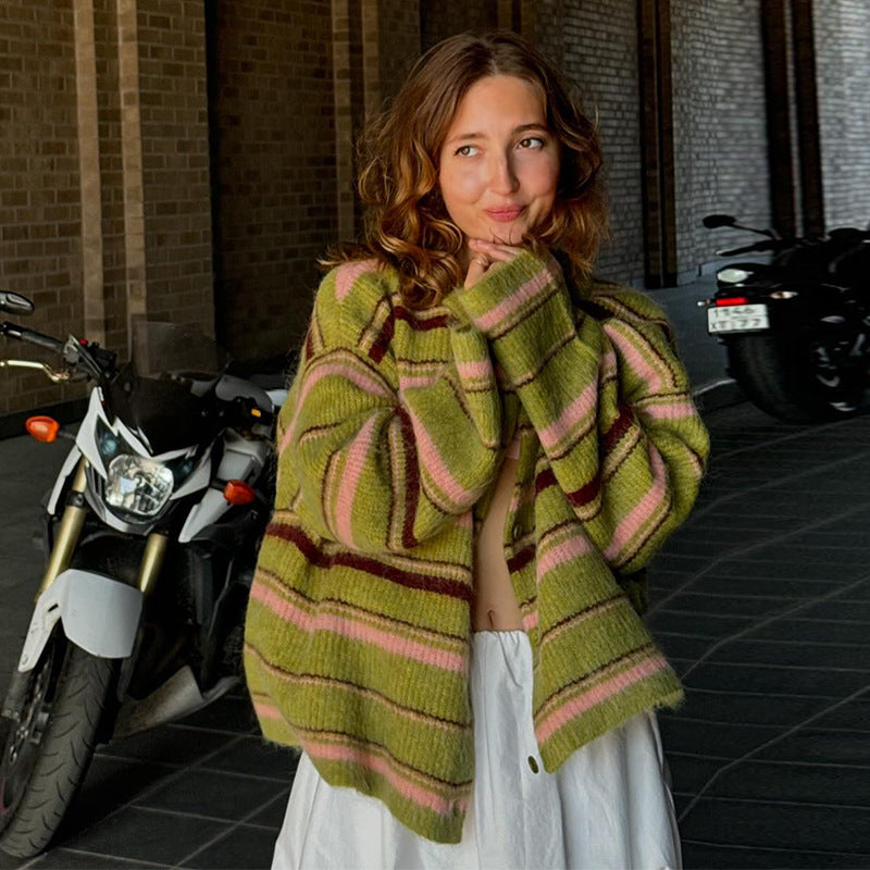 Women's Striped Knit Cardigan in Green, view 2