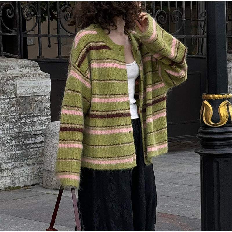 Women's Striped Knit Cardigan in Green, view 3