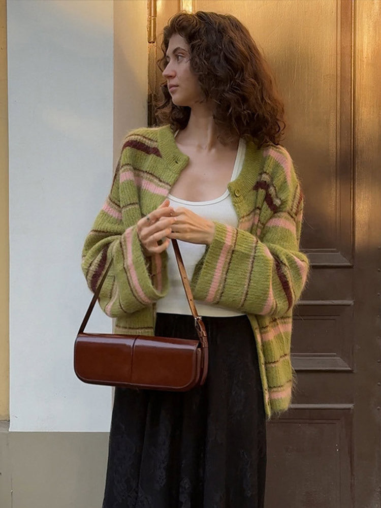 Women's Striped Knit Cardigan in Green, view 4