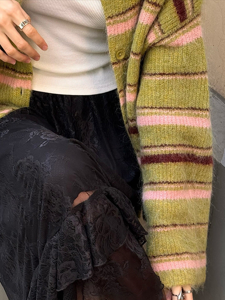 Women's Striped Knit Cardigan in Green, view 5
