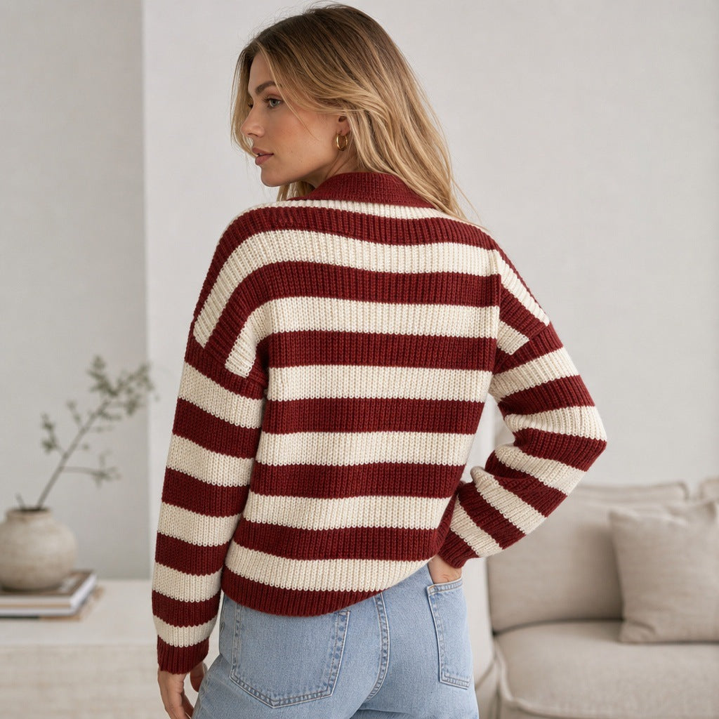 Women's Striped Collar Jumper in Red, view 3