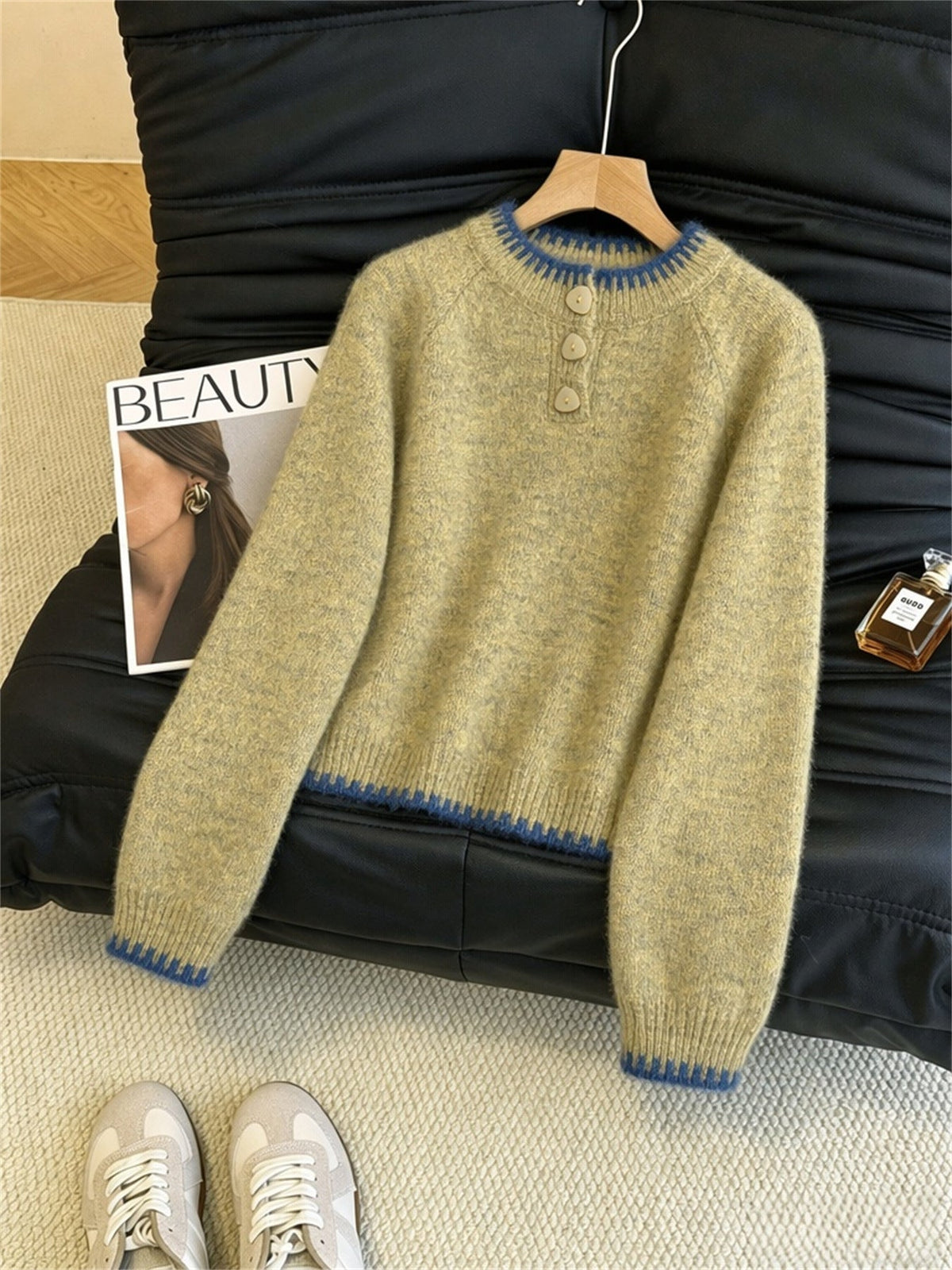 Women's Contrast Trim Henley Jumper in Yellow, view 2