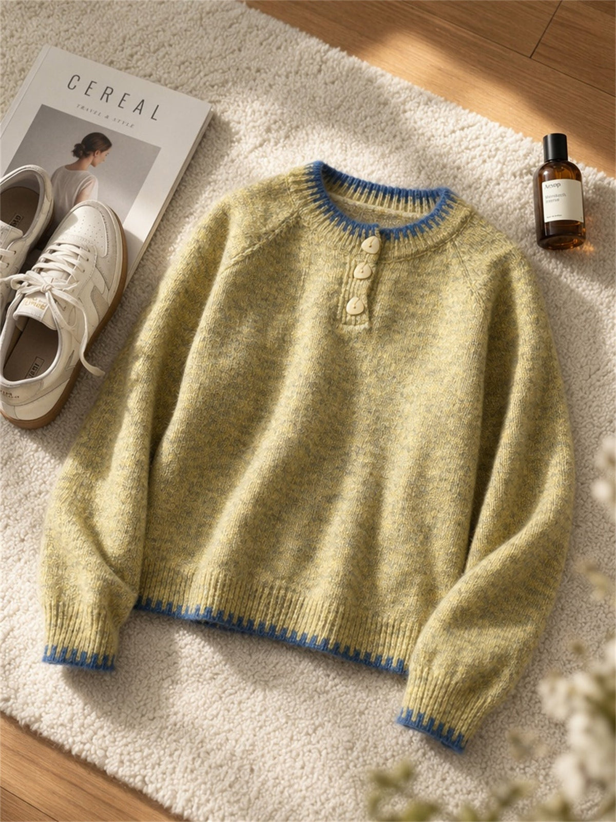 Women's Contrast Trim Henley Jumper in Yellow, view 4