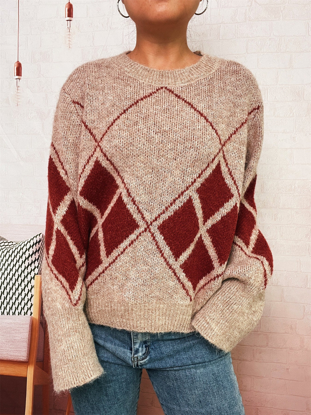 Women's Argyle Jumper in Beige