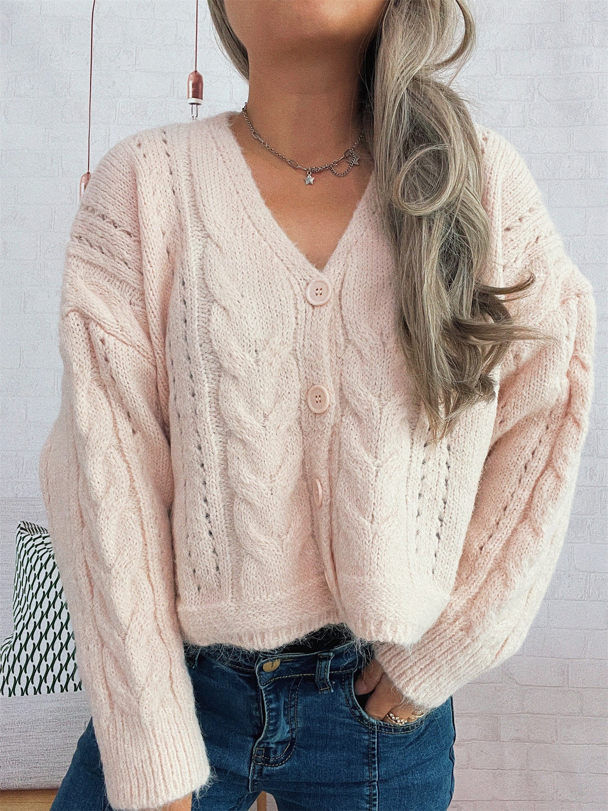 Women's Cable Knit Cardigan in Pink, view 3