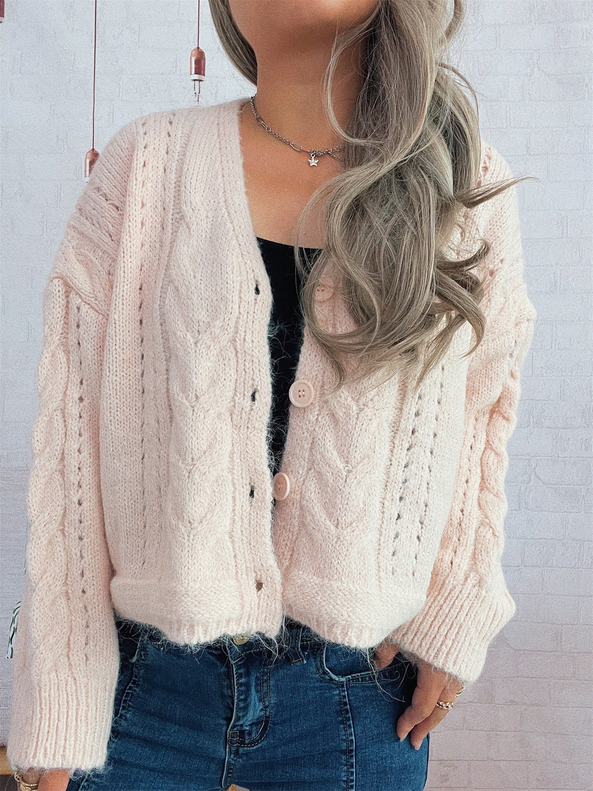 Women's Cable Knit Cardigan in Pink, view 4