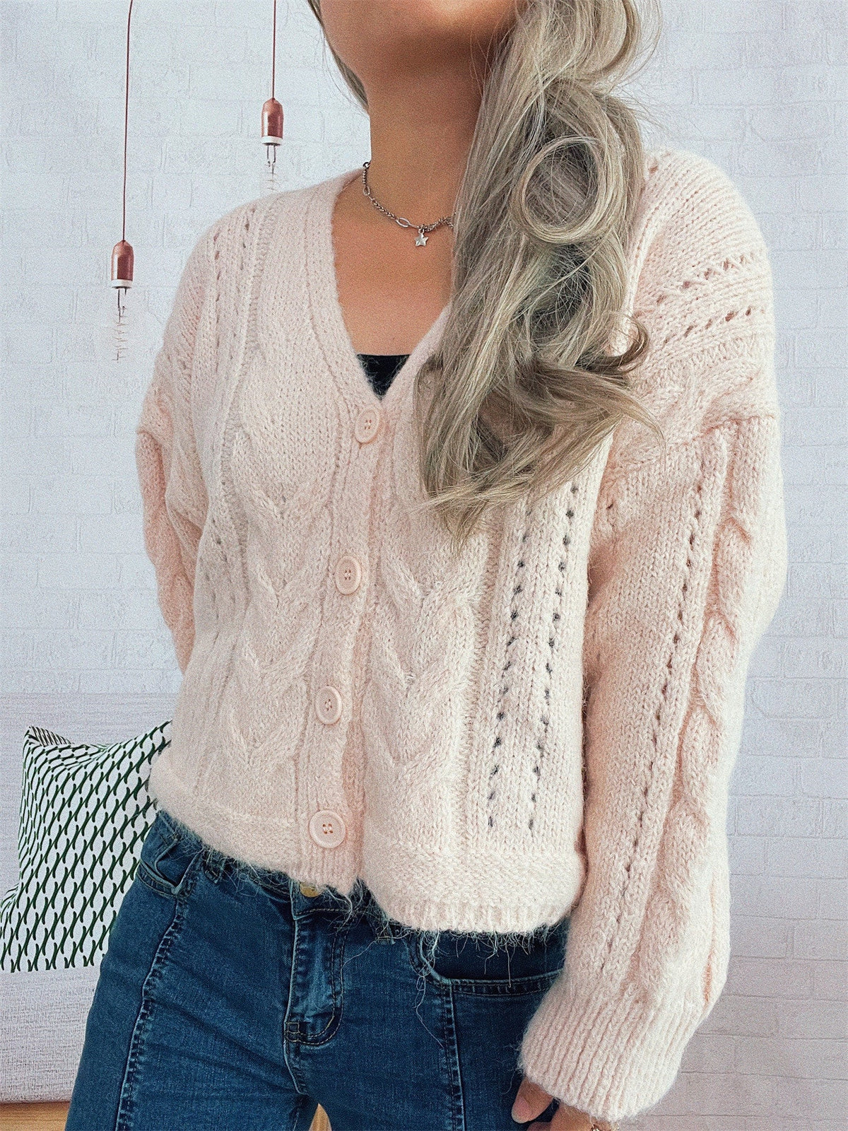 Women's Cable Knit Cardigan in Pink, view 5