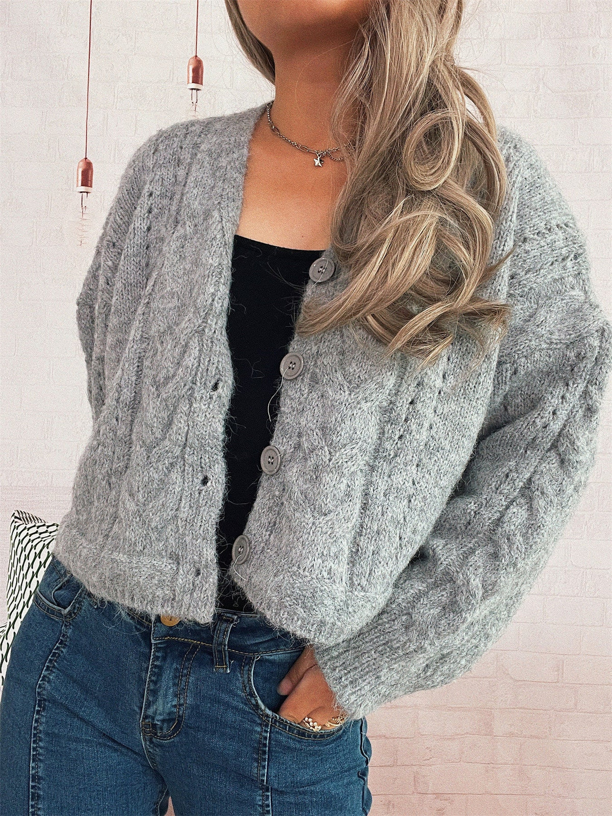 Women's Cable Knit Cardigan in Grey, view 3