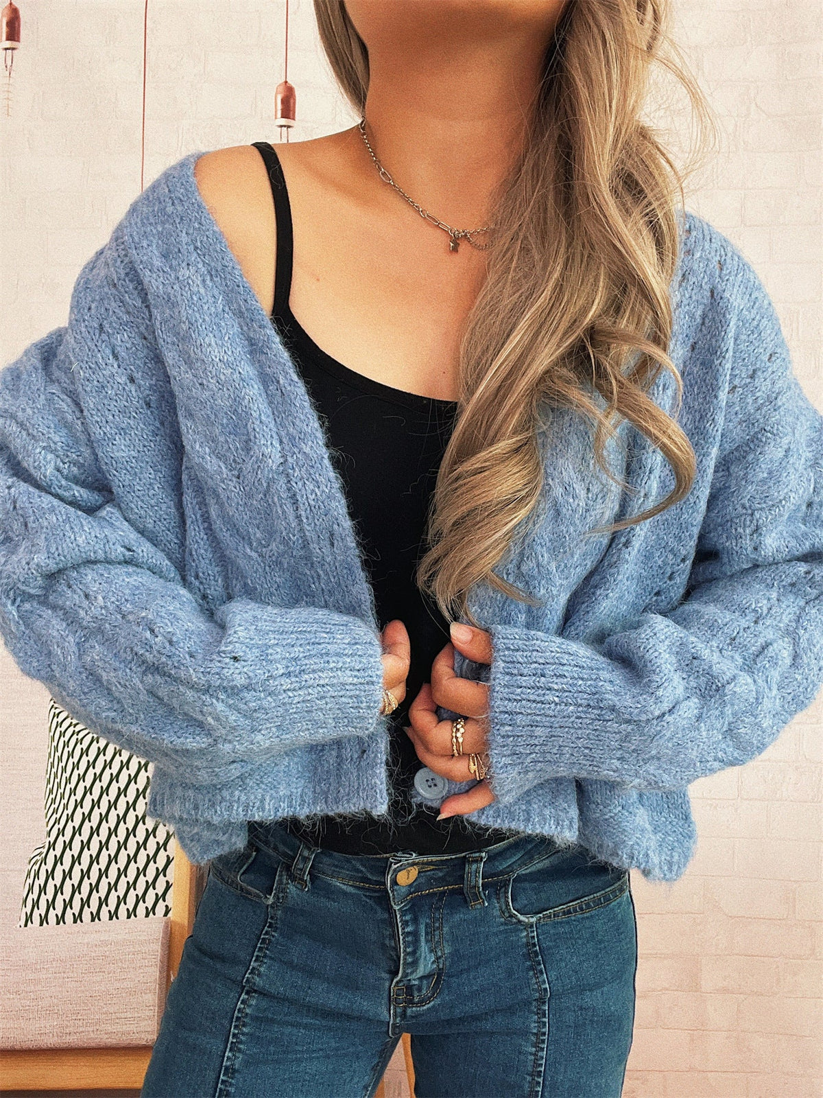 Women's Cable Knit Cardigan in Blue, view 2
