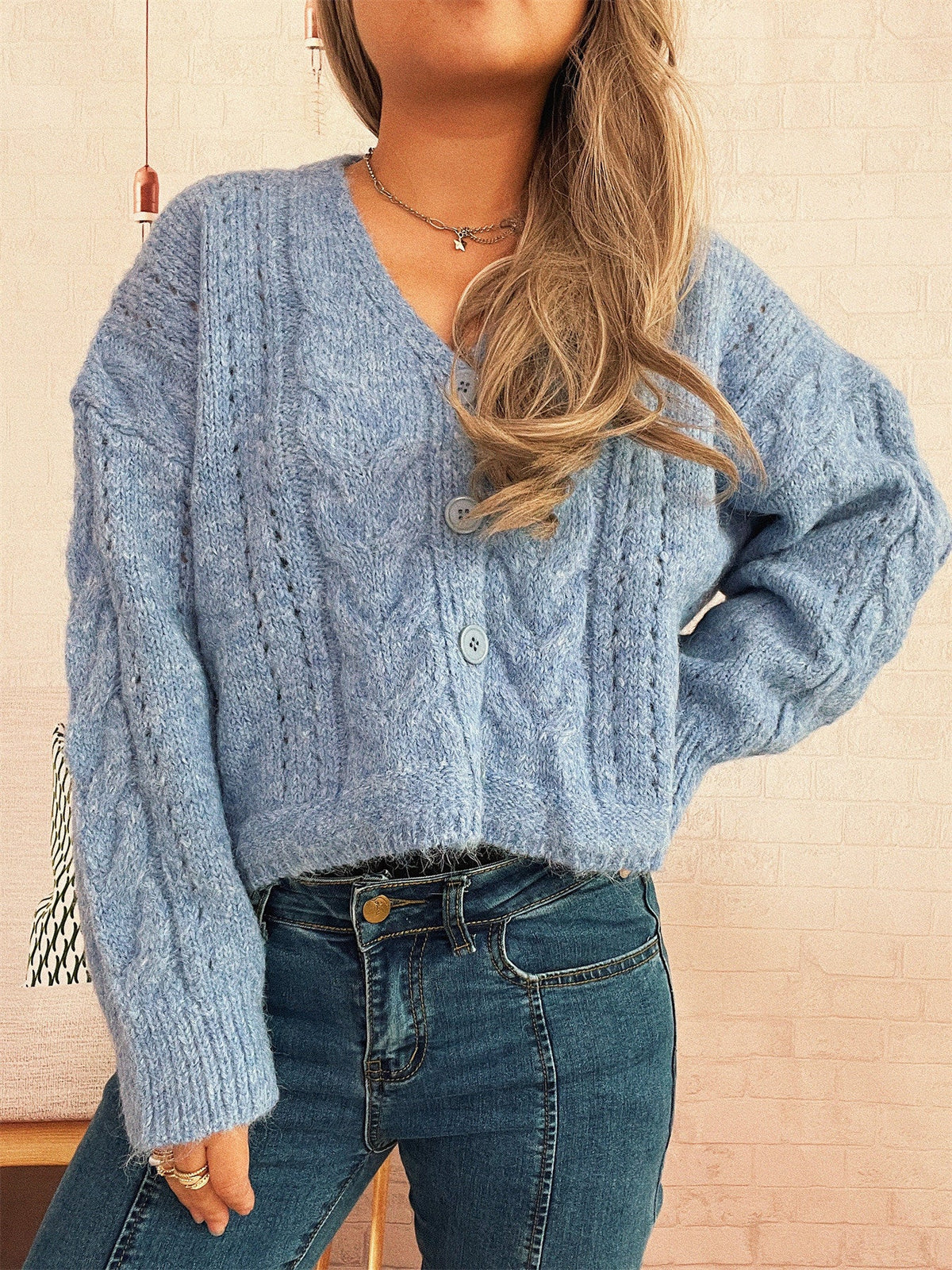 Women's Cable Knit Cardigan in Blue, view 5